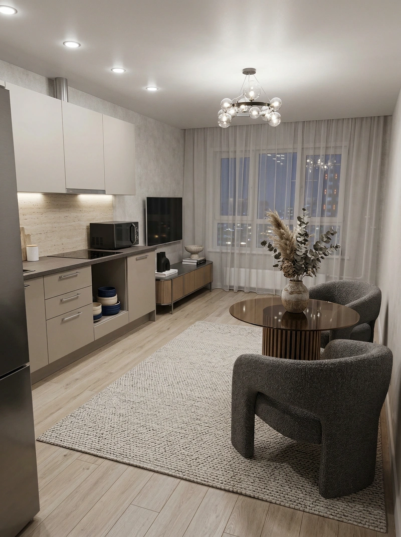 Дизайн интерьера в стиле Контемпорари — Гостиная от нейросети RoomGPT