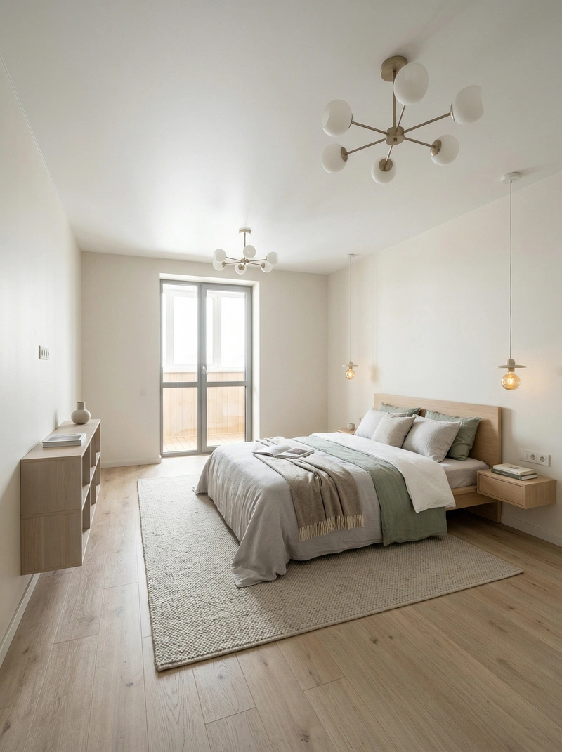 Дизайн спальни в стиле Сканди — фото интерьера от нейросети RoomGPT