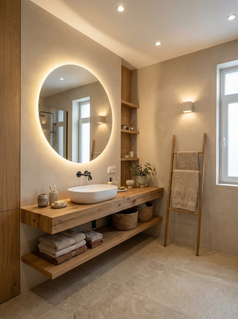 Дизайн ванной в стиле Japandi — фото интерьера от нейросети RoomGPT