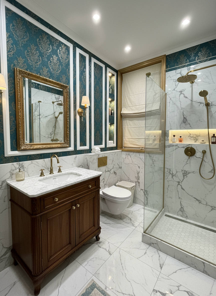 Дизайн ванной в стиле Классика — фото интерьера от нейросети RoomGPT