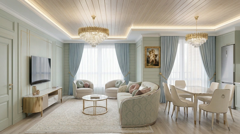 Дизайн гостиной в стиле Неоклассика — фото интерьера от нейросети RoomGPT