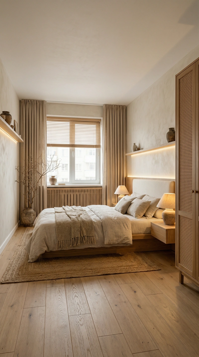 Дизайн спальни в стиле Japandi — фото интерьера от нейросети RoomGPT