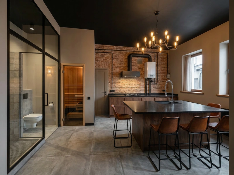 Дизайн интерьера в стиле Лофт — Кухня от нейросети RoomGPT