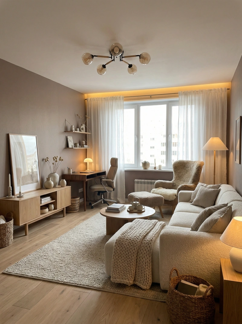 Дизайн интерьера в стиле Хюгге — Гостиная от нейросети RoomGPT