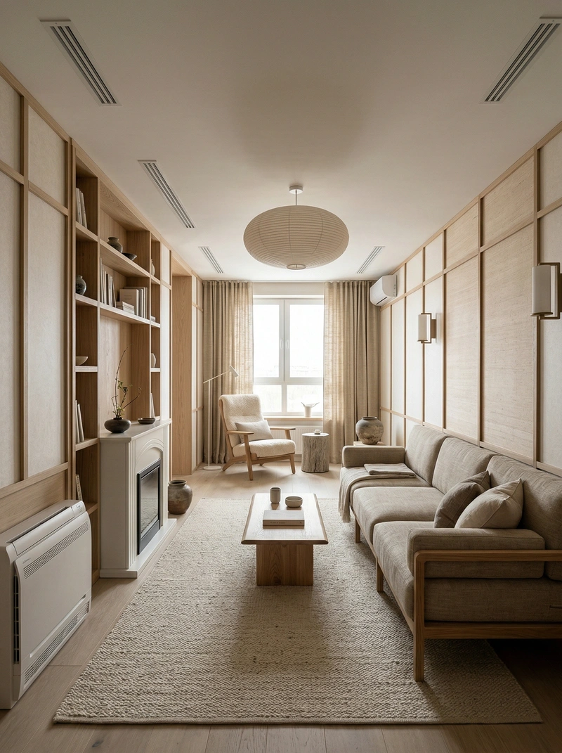 Дизайн гостиной в стиле Japandi — фото интерьера от нейросети RoomGPT