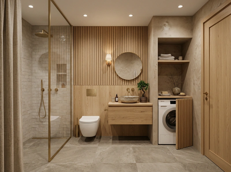 Дизайн ванной в стиле Japandi — фото интерьера от нейросети RoomGPT