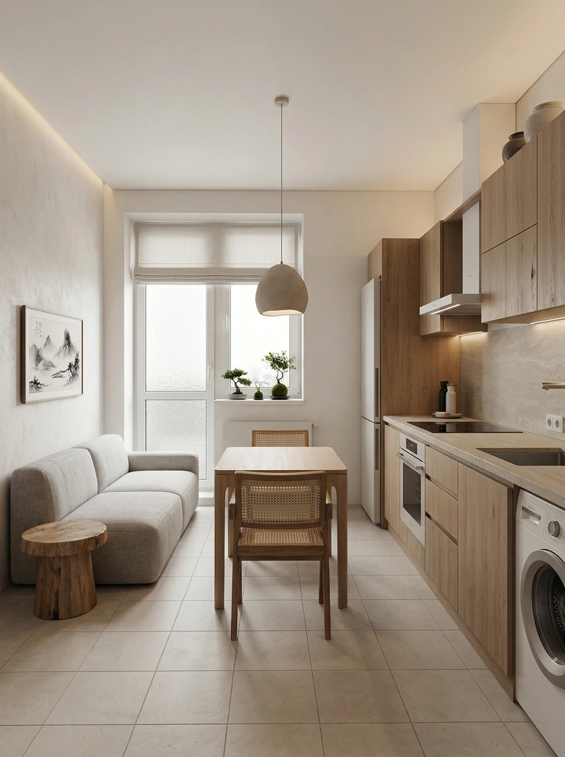 Дизайн кухни в стиле Japandi — фото интерьера от нейросети RoomGPT