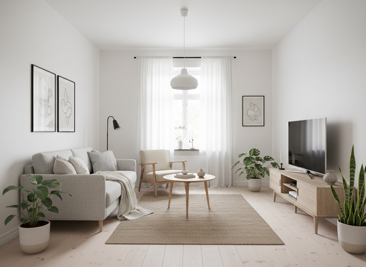 Дизайн гостиной в стиле Хюгге — фото интерьера от нейросети RoomGPT