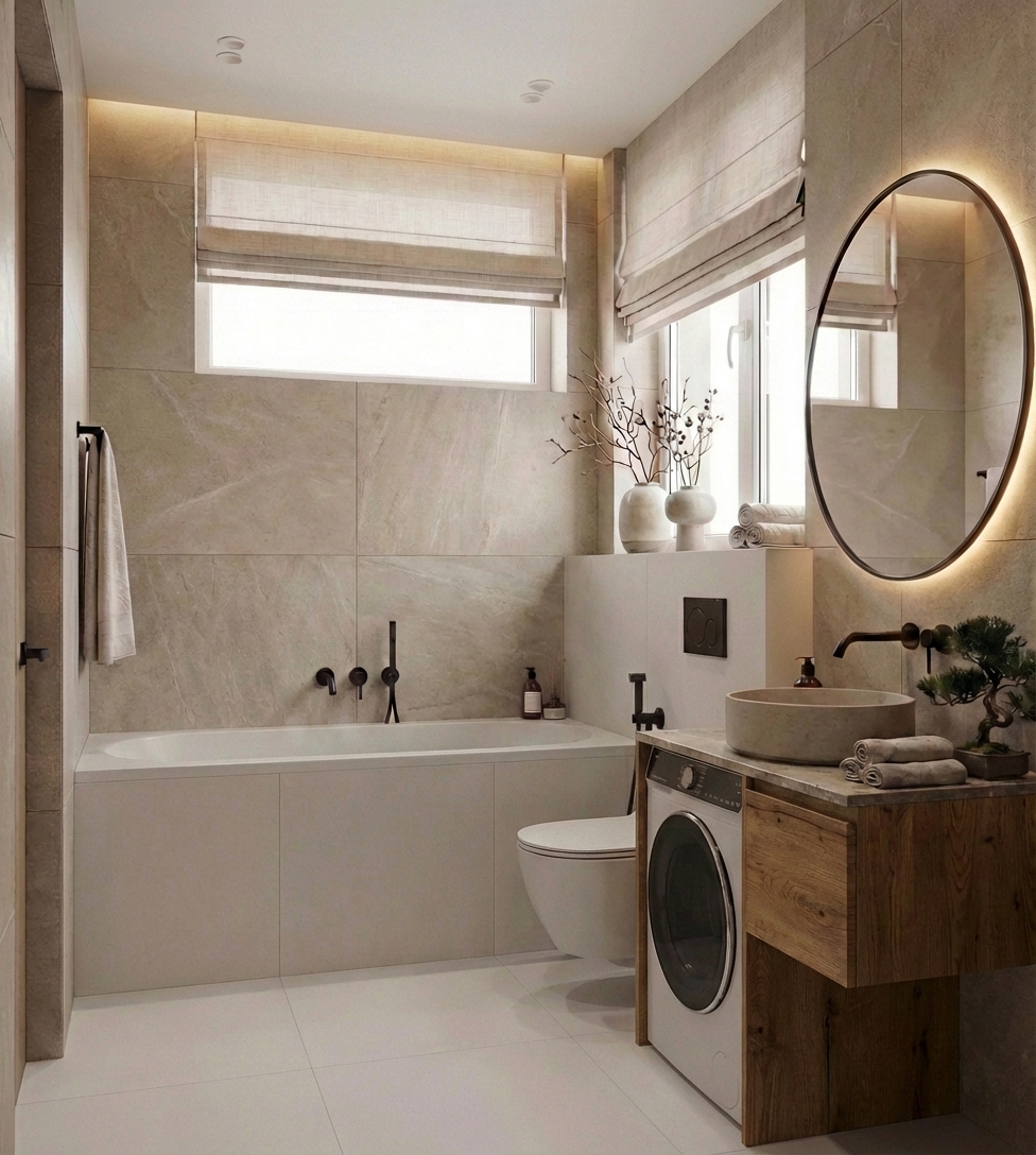 Дизайн ванной в стиле Japandi — фото интерьера от нейросети RoomGPT