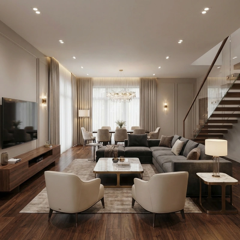 Дизайн интерьера в стиле Контемпорари — Гостиная от нейросети RoomGPT