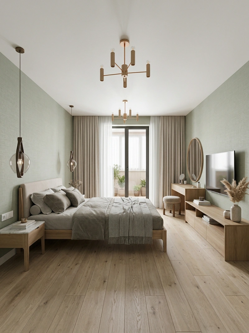 Дизайн спальни в стиле Сканди — фото интерьера от нейросети RoomGPT