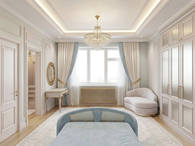 Дизайн спальни в стиле Неоклассика — фото интерьера от нейросети RoomGPT