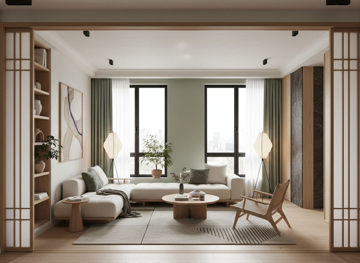 Дизайн гостиной в стиле Japandi — фото интерьера от нейросети RoomGPT