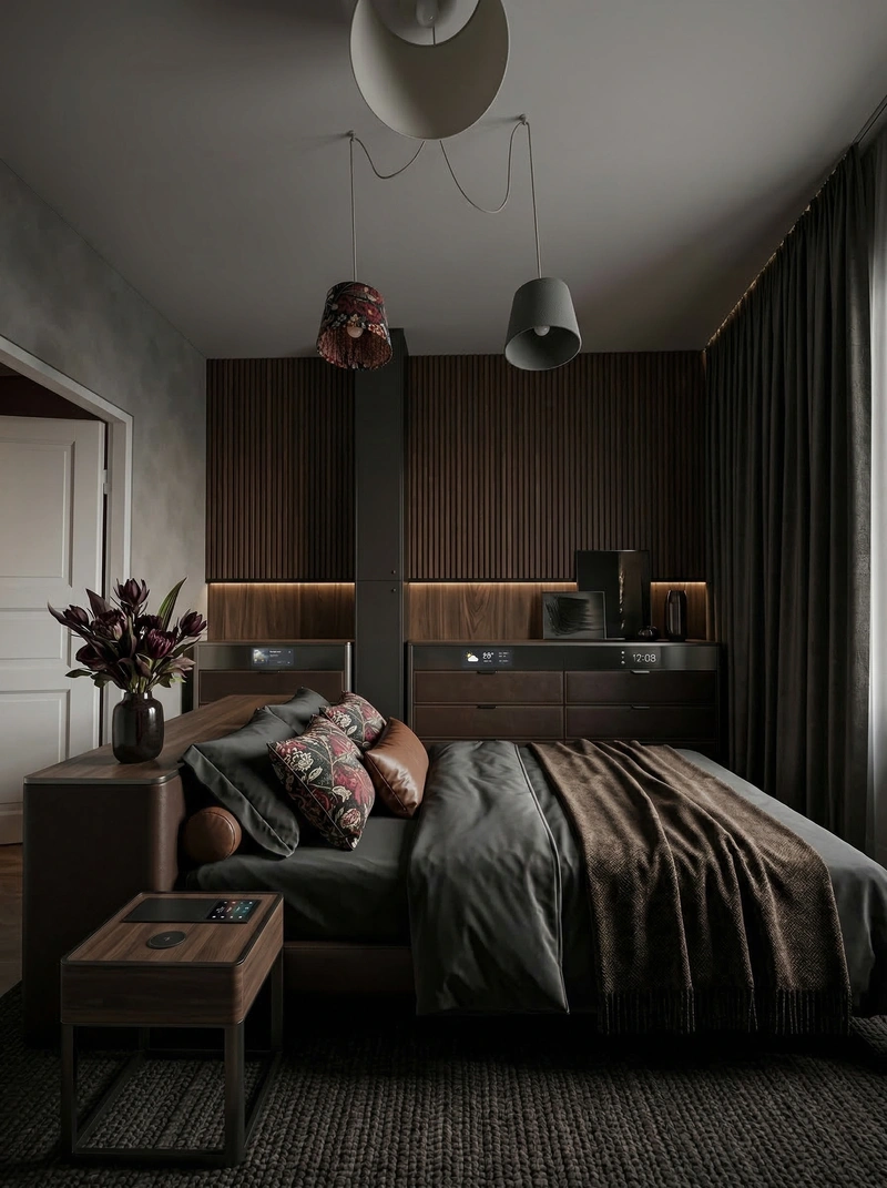 Дизайн спальни в стиле Блэктэк — фото интерьера от нейросети RoomGPT