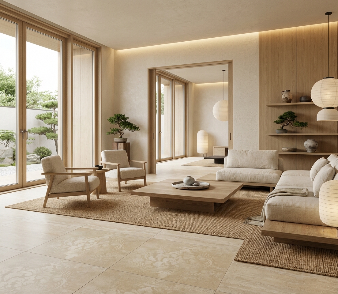 Дизайн гостиной в стиле Japandi — фото интерьера от нейросети RoomGPT