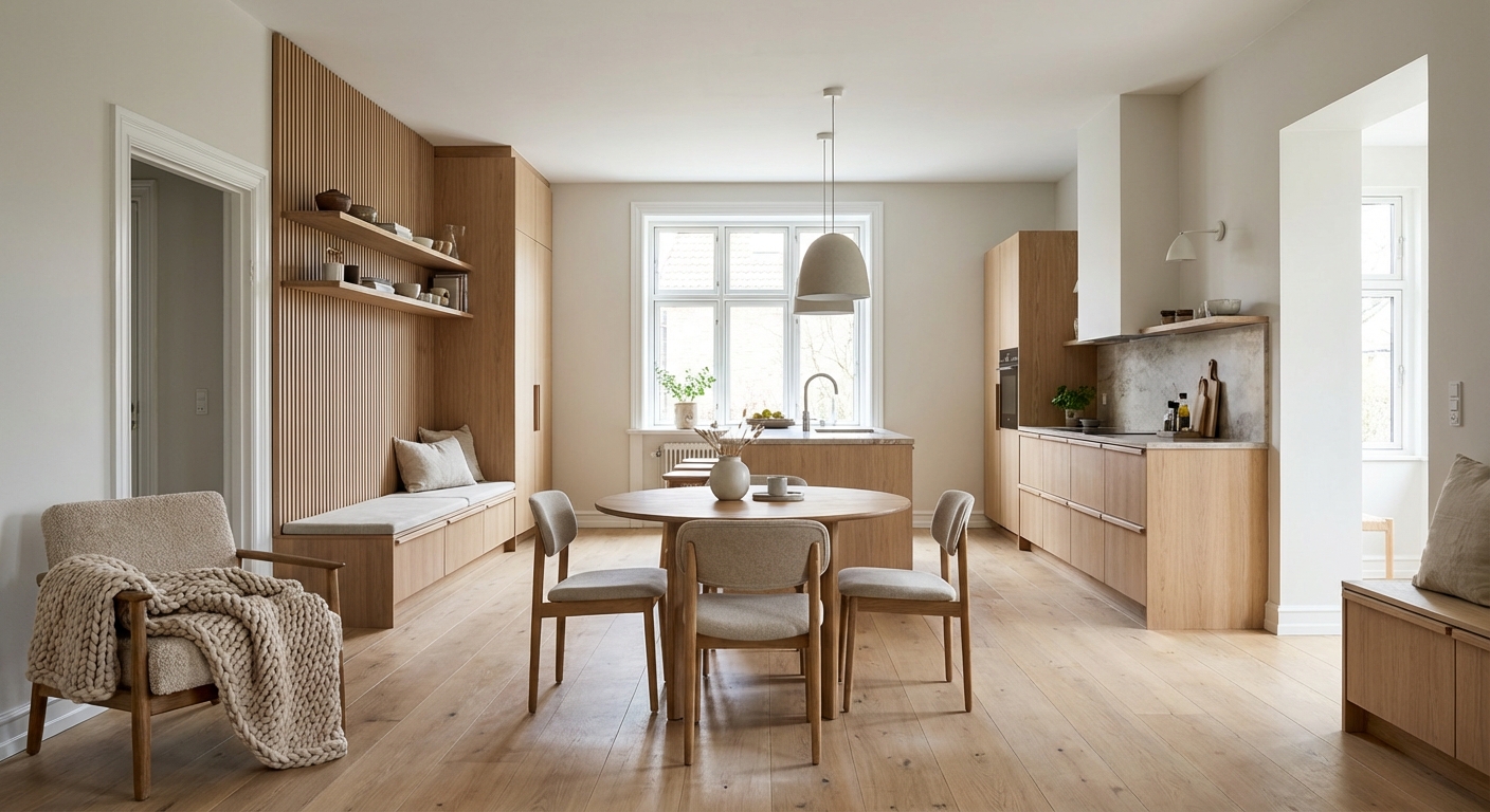 Дизайн кухни в стиле Хюгге — фото интерьера от нейросети RoomGPT