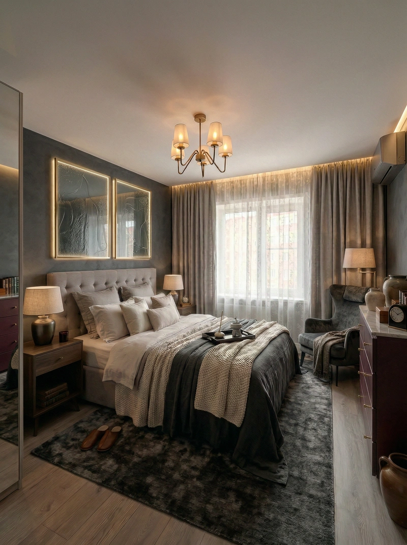 Дизайн интерьера в стиле Контемпорари — Спальня от нейросети RoomGPT