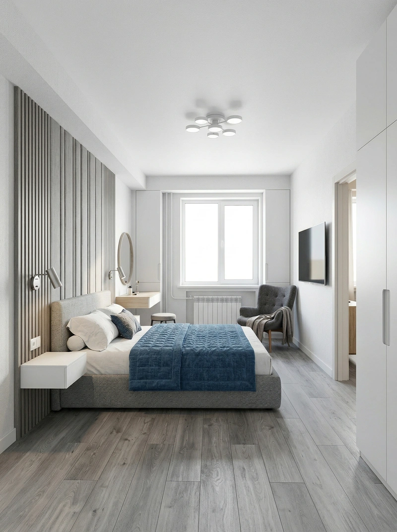 Дизайн спальни в стиле Сканди — фото интерьера от нейросети RoomGPT