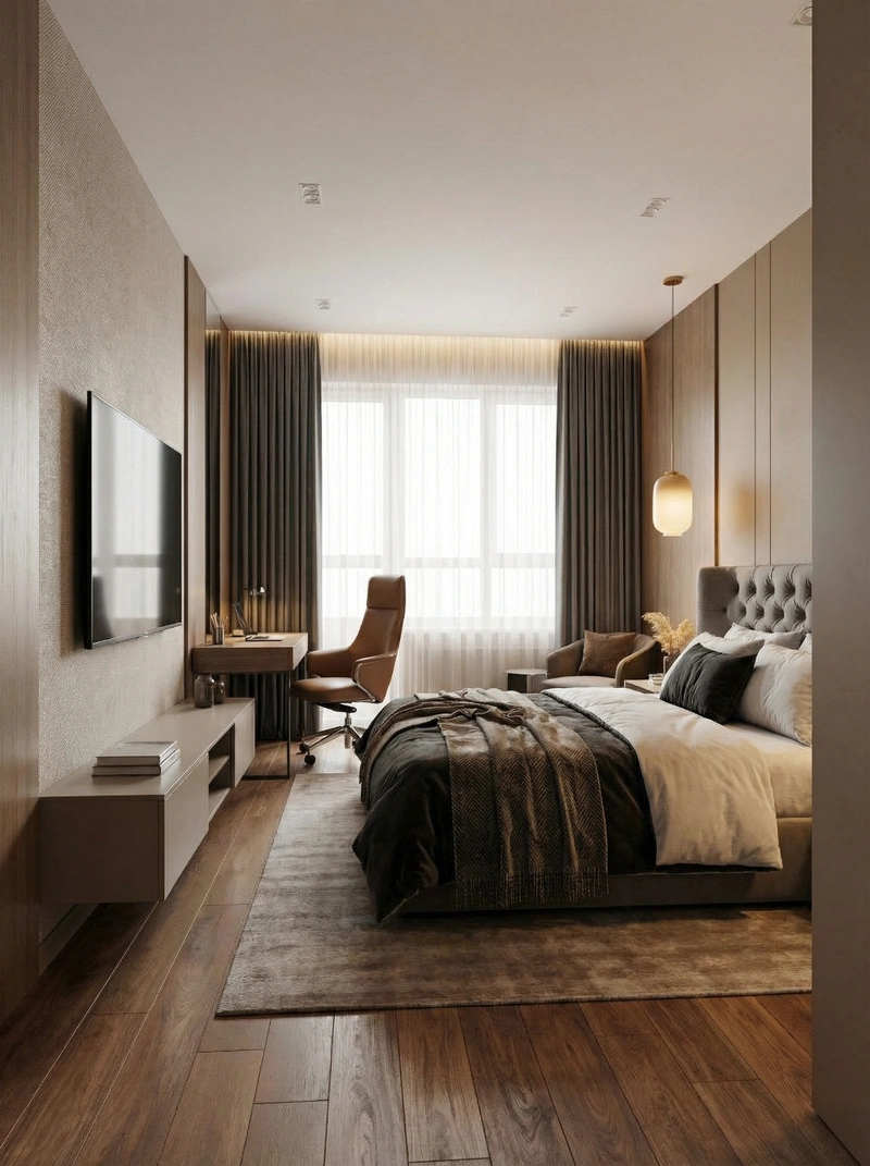 Дизайн спальни в стиле Контемпорари — фото интерьера от нейросети RoomGPT