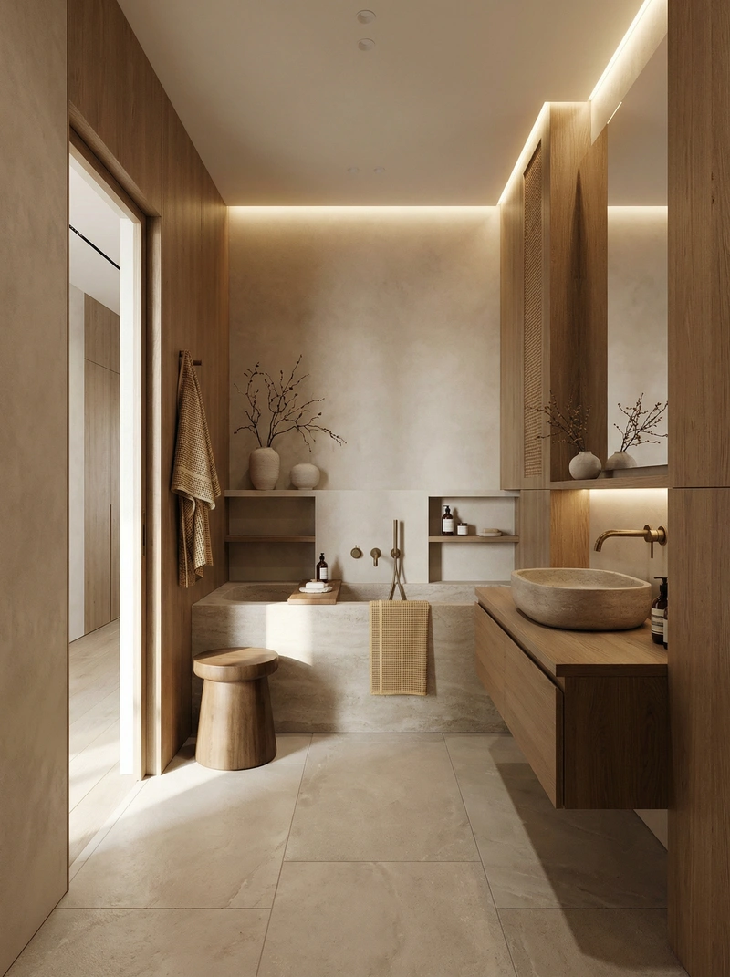 Дизайн ванной в стиле Japandi — фото интерьера от нейросети RoomGPT