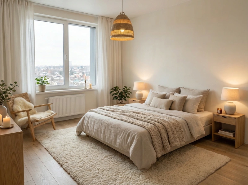 Дизайн спальни в стиле Хюгге — фото интерьера от нейросети RoomGPT