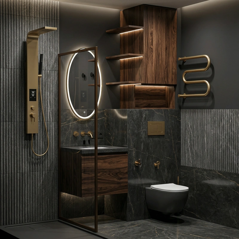 Дизайн ванной в стиле Блэктэк — фото интерьера от нейросети RoomGPT