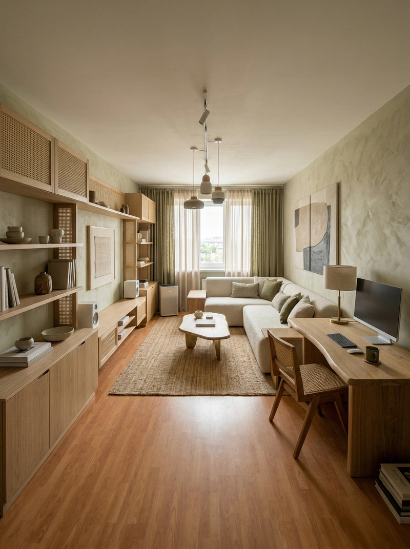 Дизайн гостиной в стиле Japandi — фото интерьера от нейросети RoomGPT