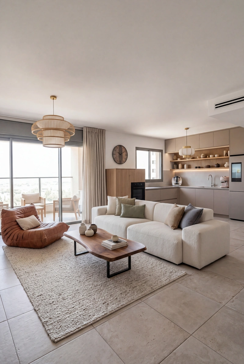 Дизайн гостиной в стиле Japandi — фото интерьера от нейросети RoomGPT