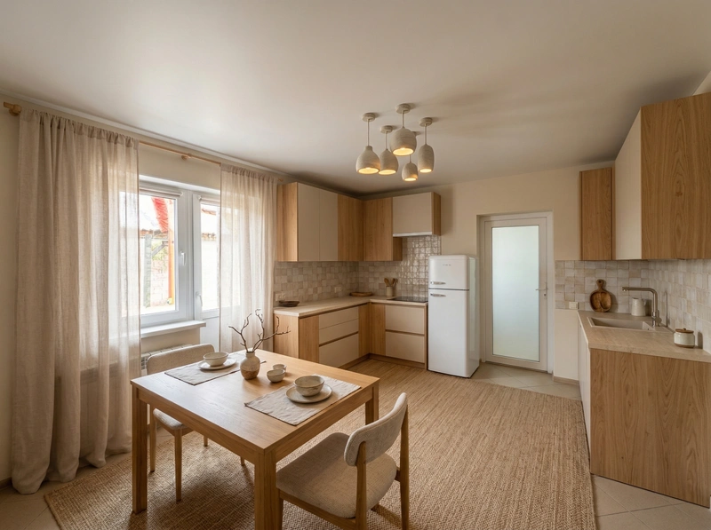 Дизайн кухни в стиле Japandi — фото интерьера от нейросети RoomGPT