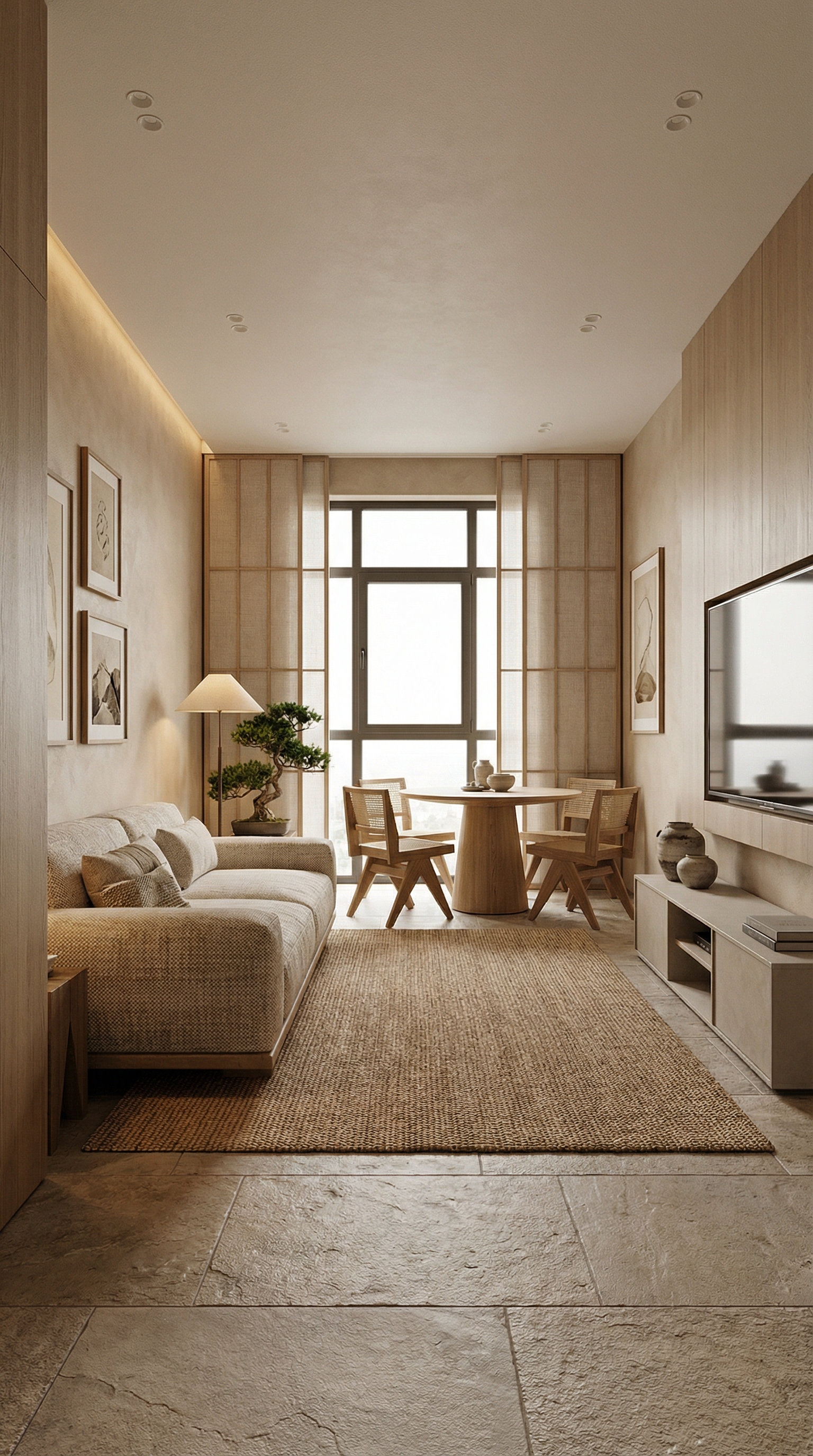 Дизайн гостиной в стиле Japandi — фото интерьера от нейросети RoomGPT