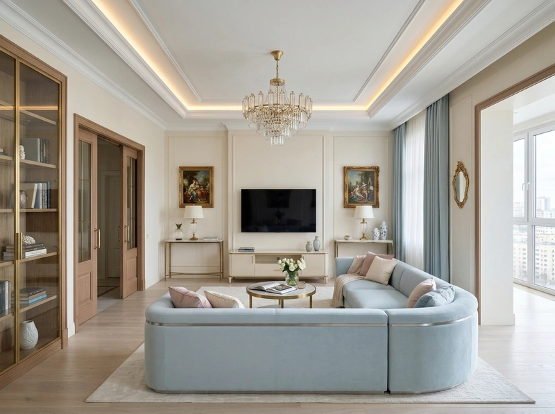 Дизайн гостиной в стиле Неоклассика — фото интерьера от нейросети RoomGPT