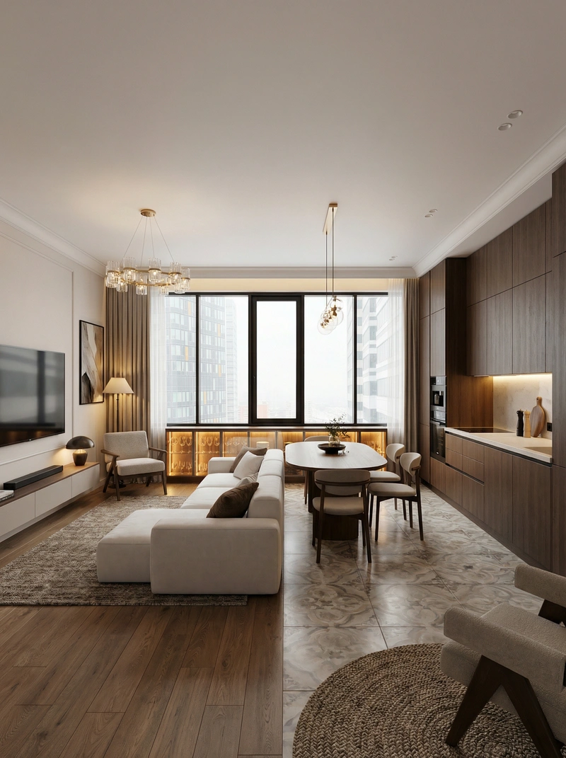 Дизайн интерьера в стиле Контемпорари — Гостиная от нейросети RoomGPT