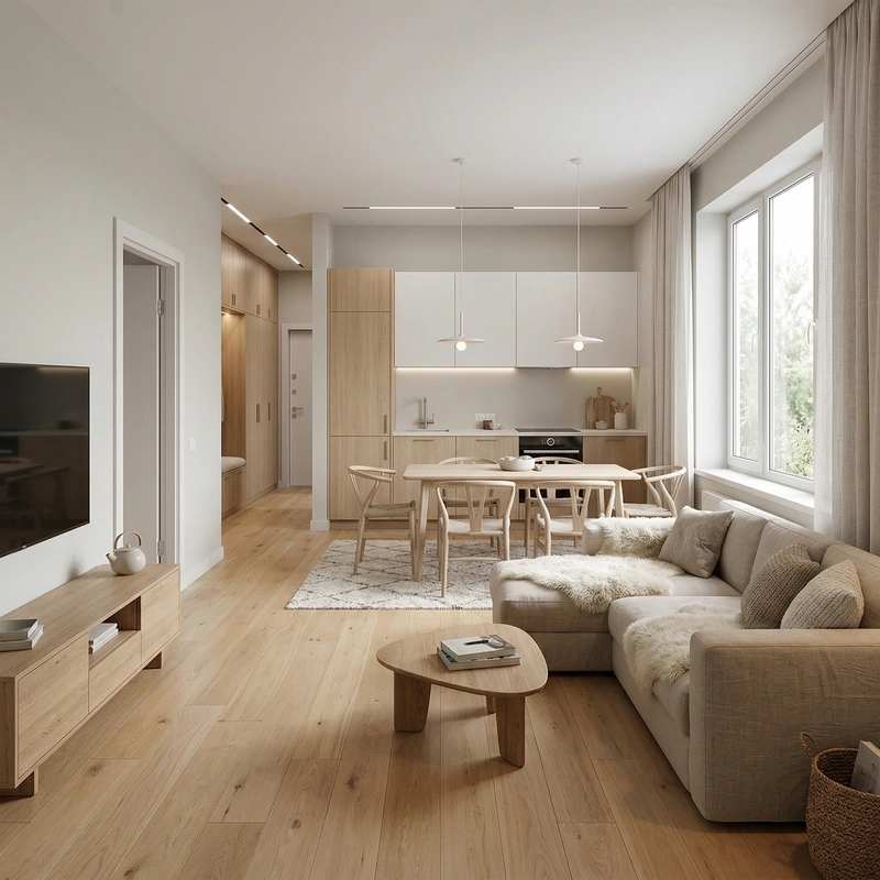 Дизайн гостиной в стиле Хюгге — фото интерьера от нейросети RoomGPT