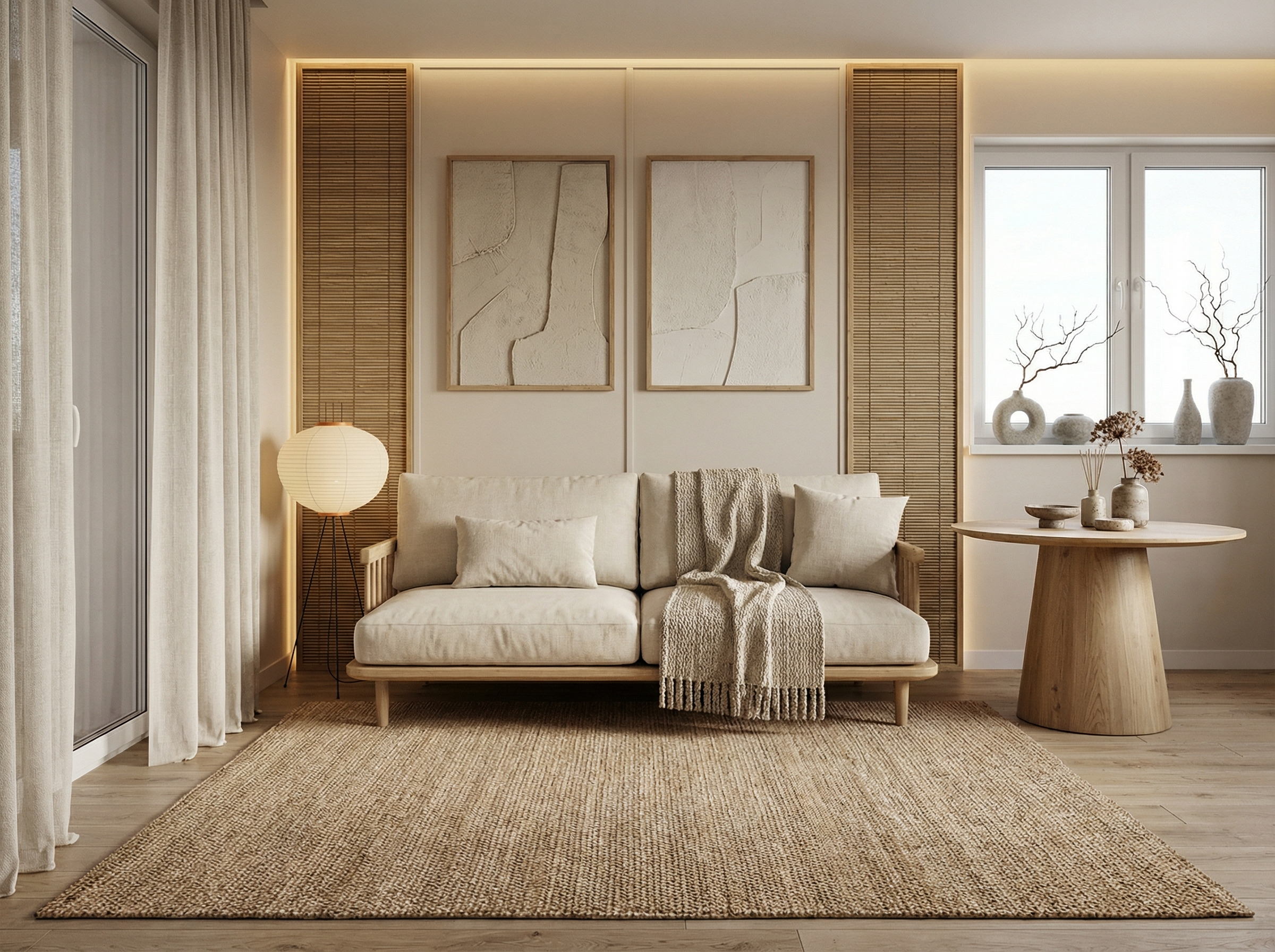 Дизайн гостиной в стиле Japandi — фото интерьера от нейросети RoomGPT