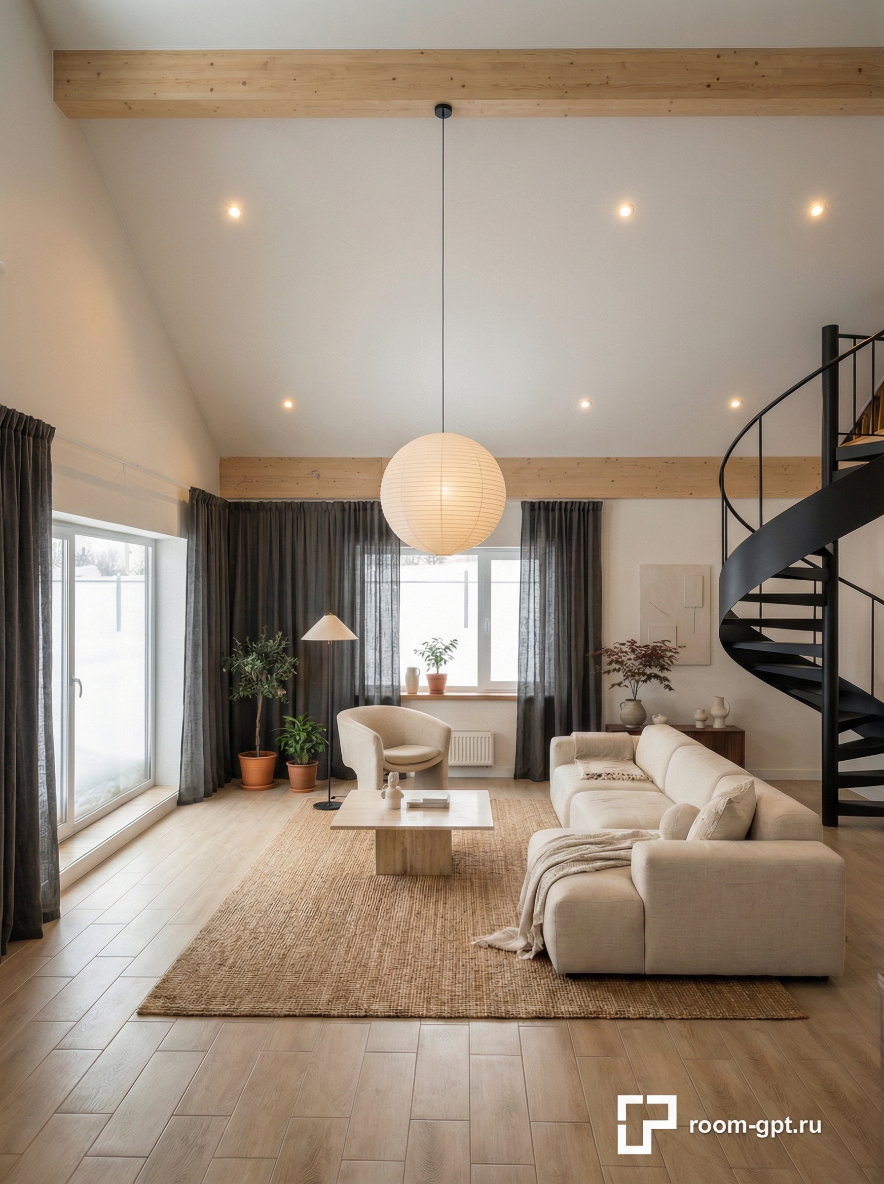 Дизайн гостиной в стиле Japandi — фото интерьера от нейросети RoomGPT