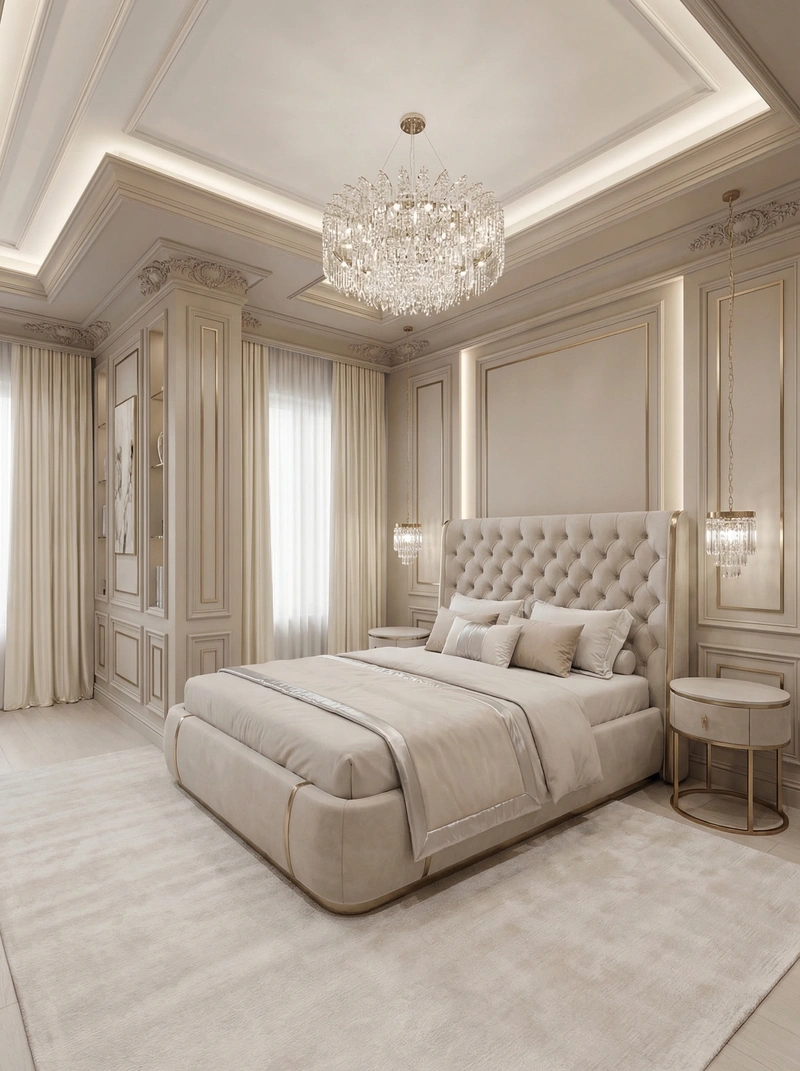 Дизайн спальни в стиле Неоклассика — фото интерьера от нейросети RoomGPT