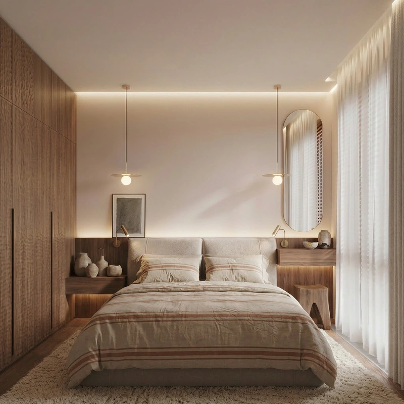 Дизайн спальни в стиле Japandi — фото интерьера от нейросети RoomGPT