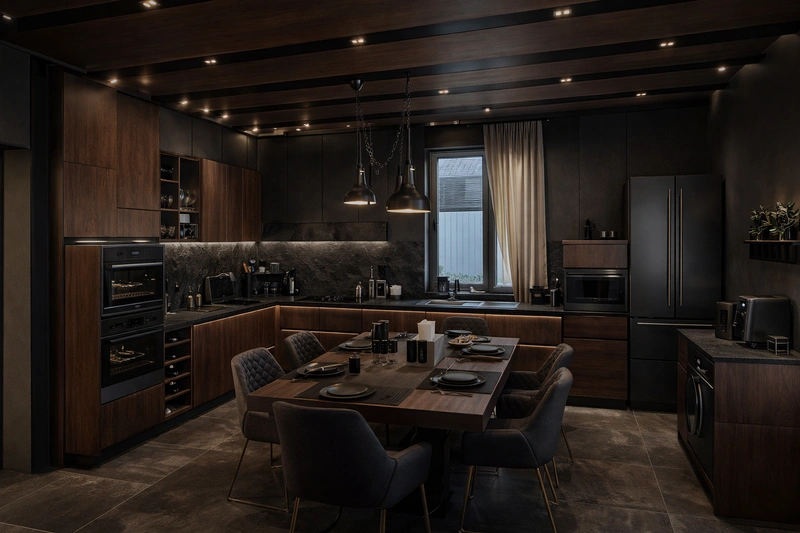 Дизайн кухни в стиле Блэктэк — фото интерьера от нейросети RoomGPT