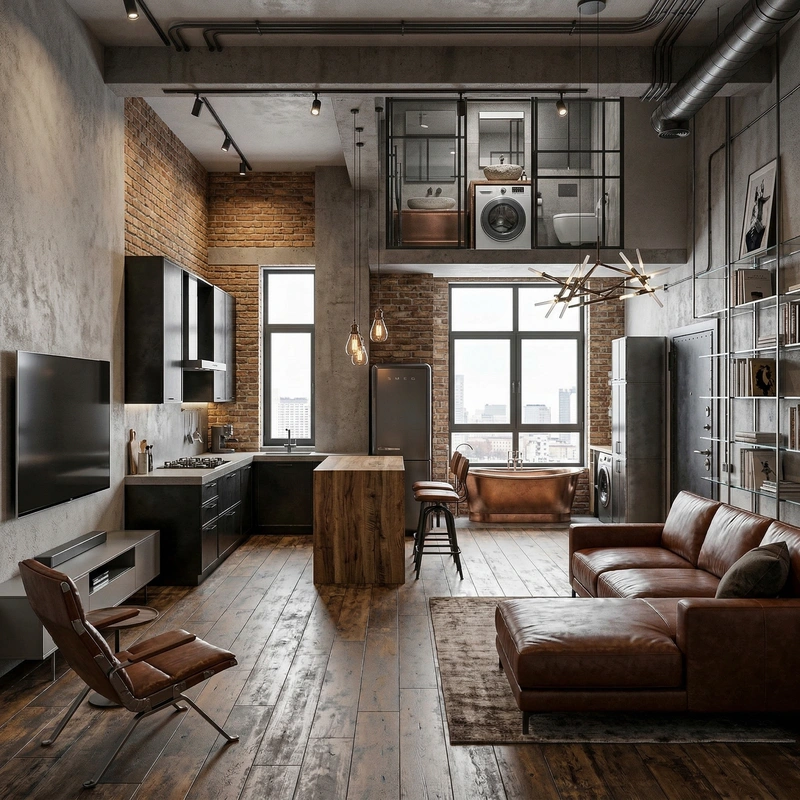 Дизайн гостиной в стиле Лофт — фото интерьера от нейросети RoomGPT
