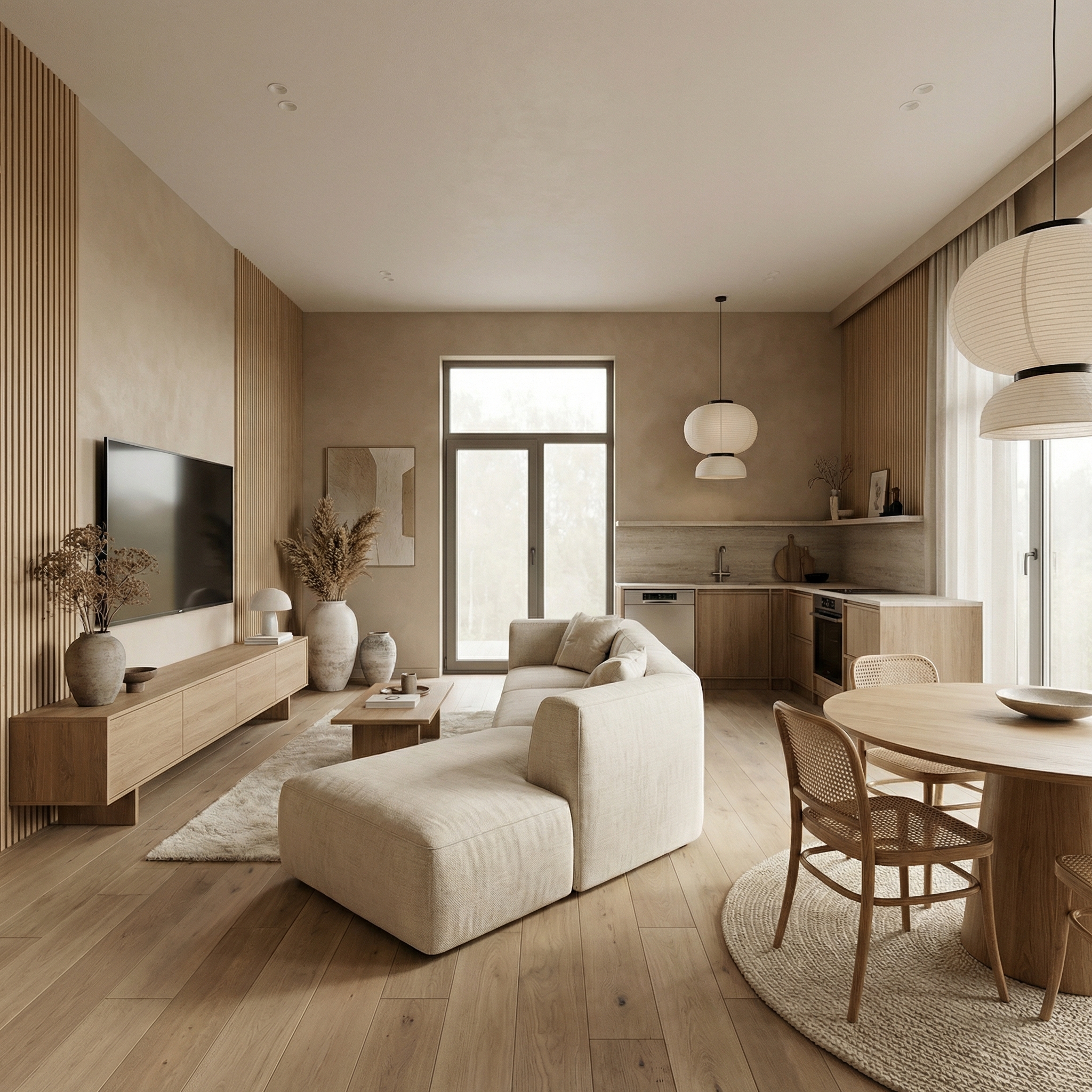 Дизайн гостиной в стиле Japandi — фото интерьера от нейросети RoomGPT