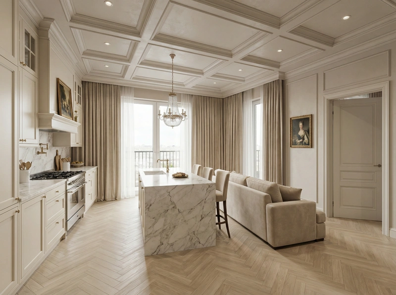 Дизайн кухни в стиле Классика — фото интерьера от нейросети RoomGPT