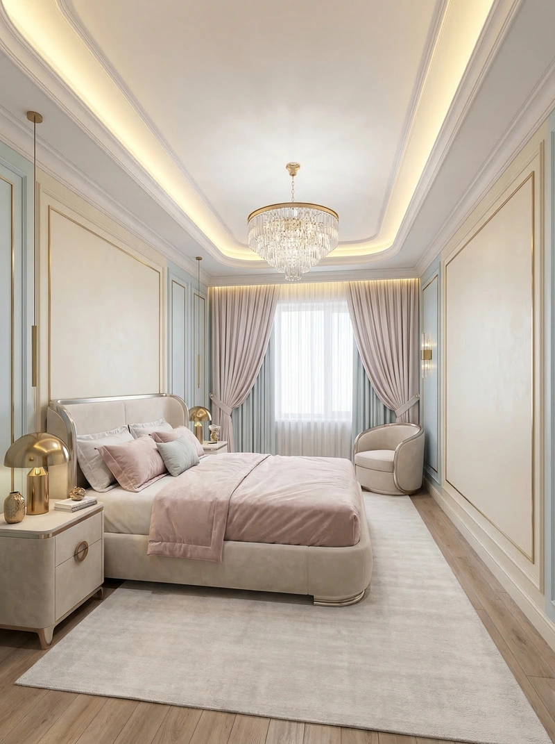 Дизайн спальни в стиле Неоклассика — фото интерьера от нейросети RoomGPT