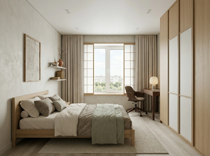 Дизайн спальни в стиле Japandi — фото интерьера от нейросети RoomGPT