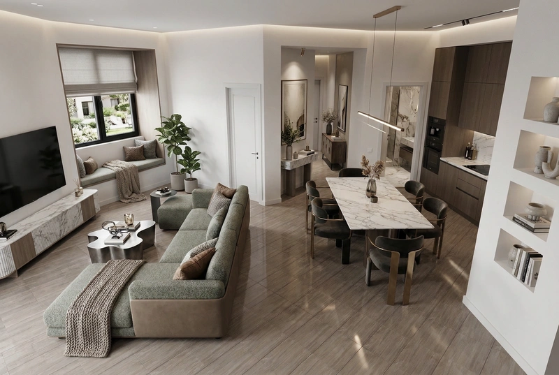 Дизайн интерьера в стиле Контемпорари — Гостиная от нейросети RoomGPT