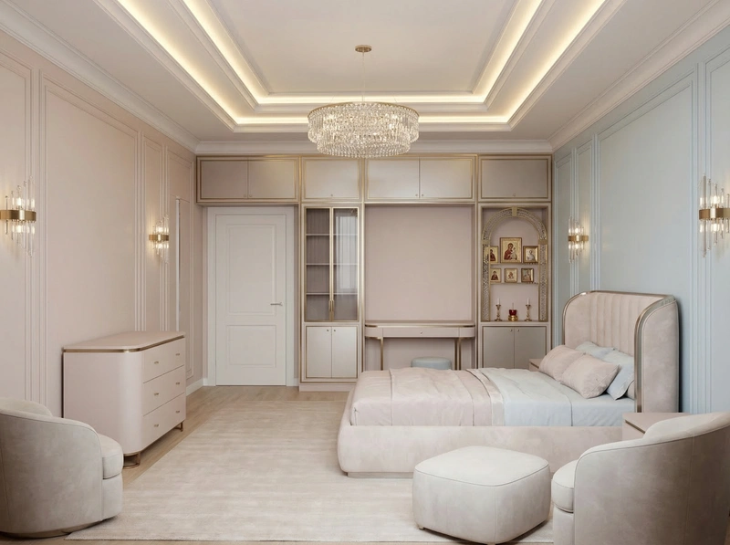 Дизайн спальни в стиле Неоклассика — фото интерьера от нейросети RoomGPT