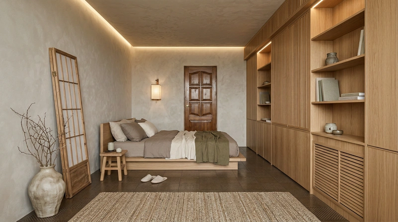 Дизайн спальни в стиле Japandi — фото интерьера от нейросети RoomGPT