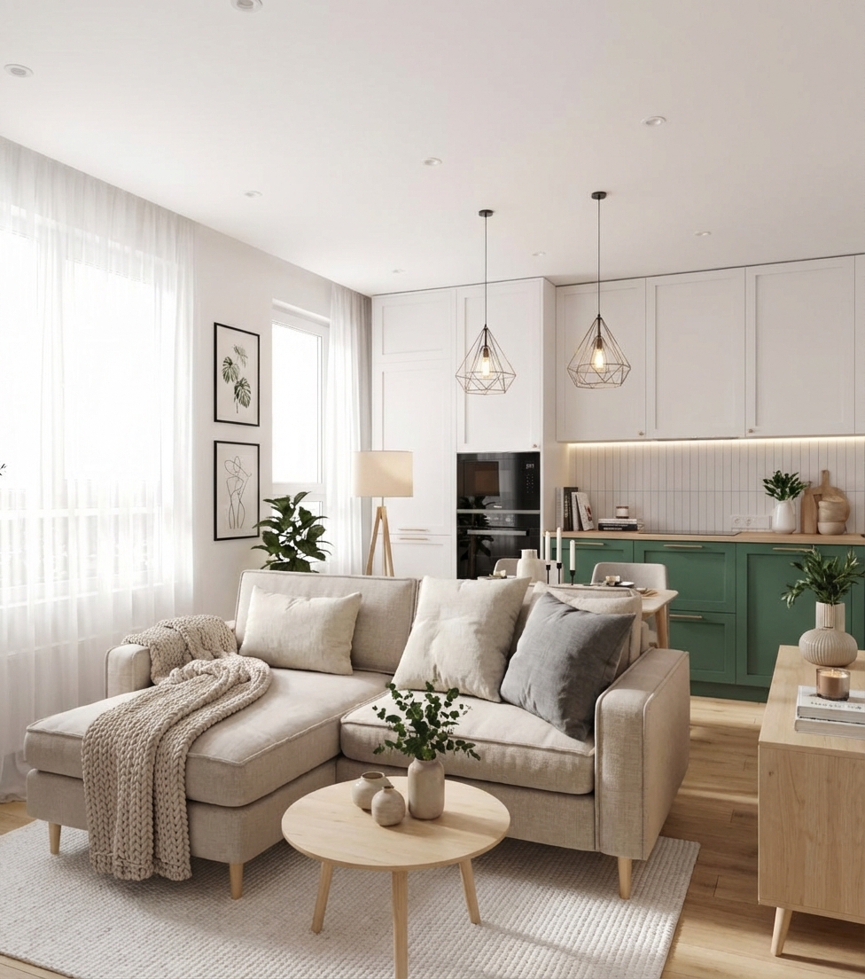 Дизайн гостиной в стиле Хюгге — фото интерьера от нейросети RoomGPT