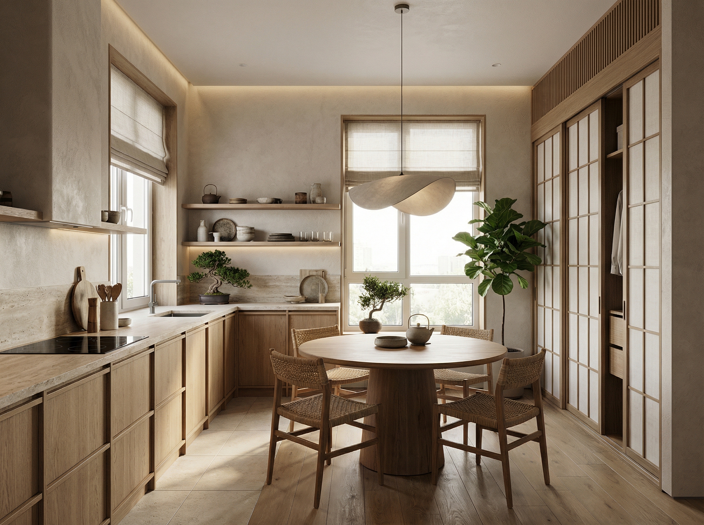 Дизайн кухни в стиле Japandi — фото интерьера от нейросети RoomGPT