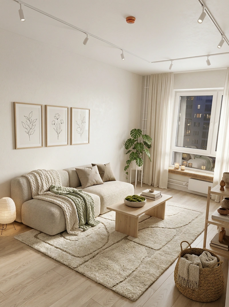 Дизайн гостиной в стиле Хюгге — фото интерьера от нейросети RoomGPT