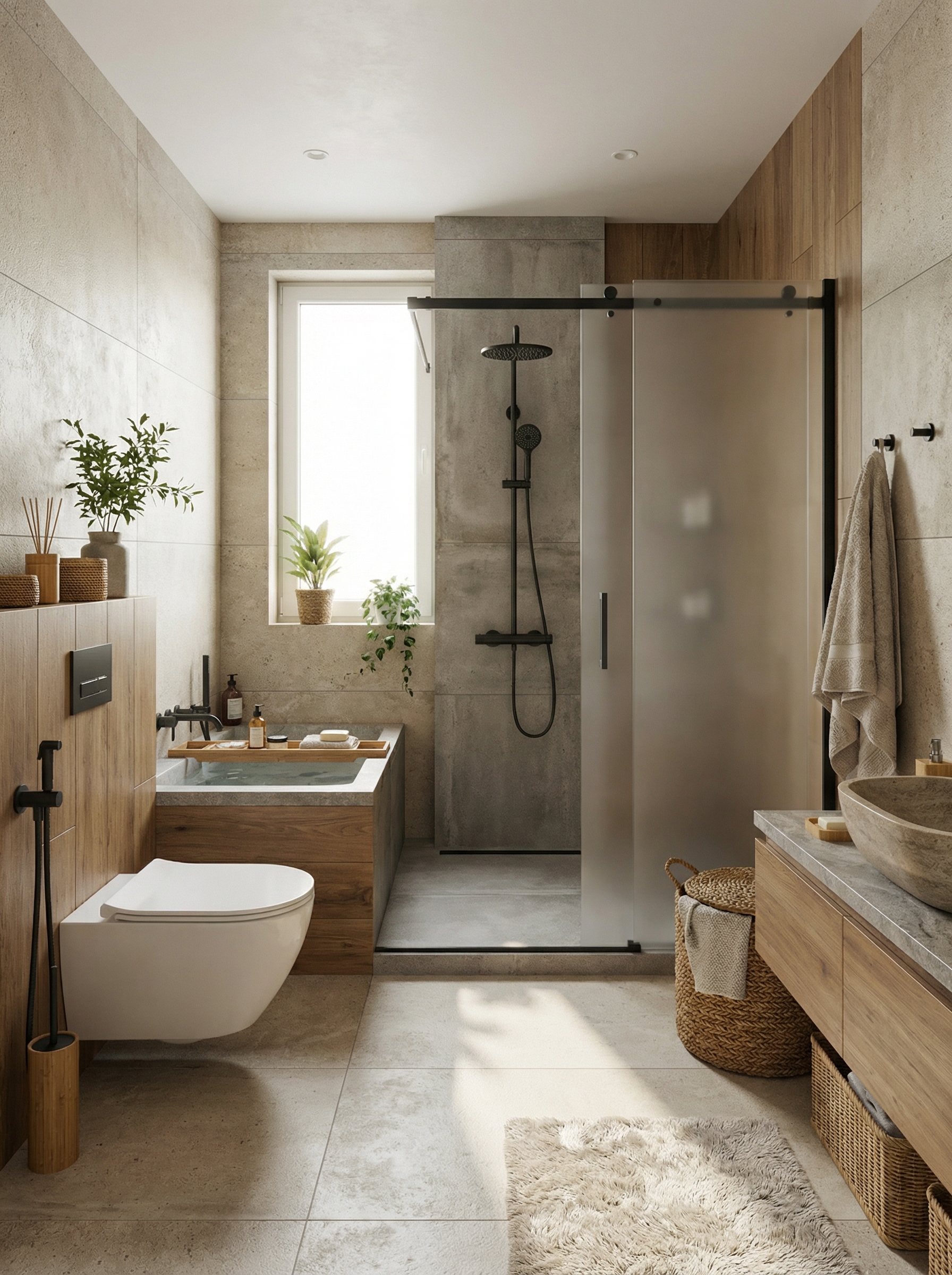 Дизайн ванной в стиле Japandi — фото интерьера от нейросети RoomGPT